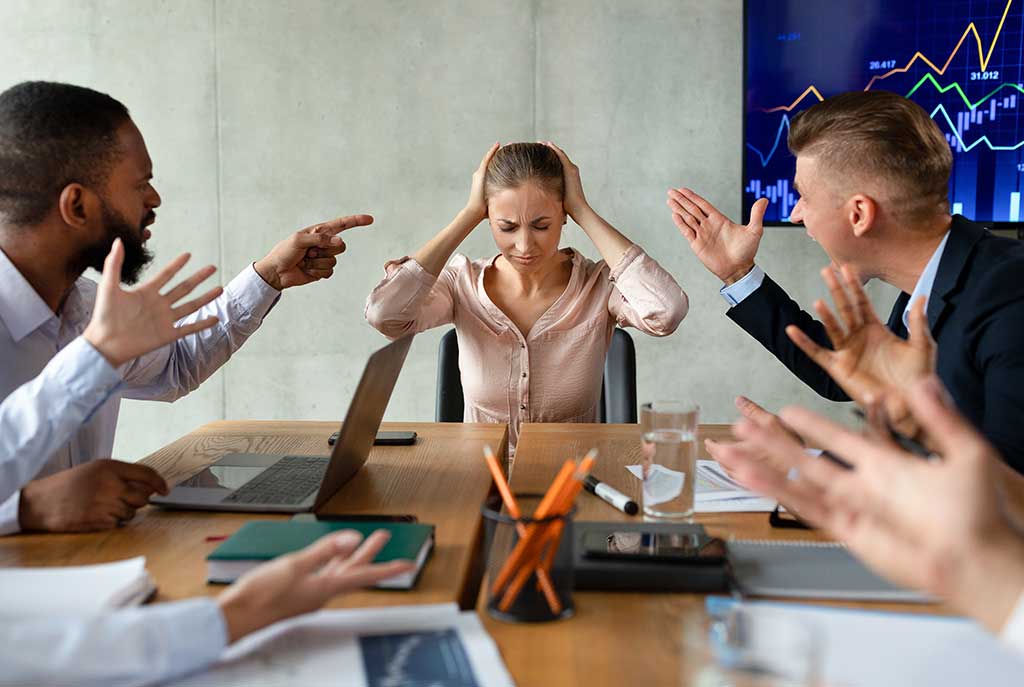 Sexism At Work. Angry Male Coworkers Shouting At Stressed Female Colleague At Corporate Meeting In Office, Aggressive Business Men Bullying Employee Lady For Failure With Project, Screaming At Her