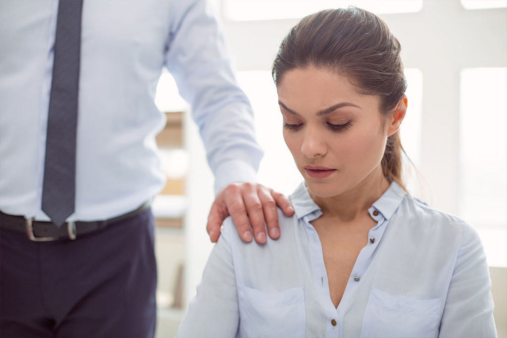 Female abuse, Nice cheerless unhappy woman sitting in the office