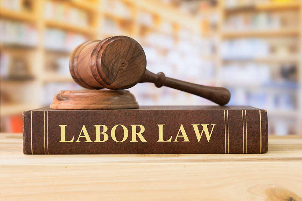 Labor Law books with a judges gavel on desk in the library. Law education ,law books concept.